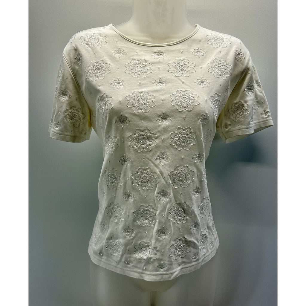 TALBOTS Women's 100%Cotton Short Sleeve Top Embroidered Solid White Size Medium