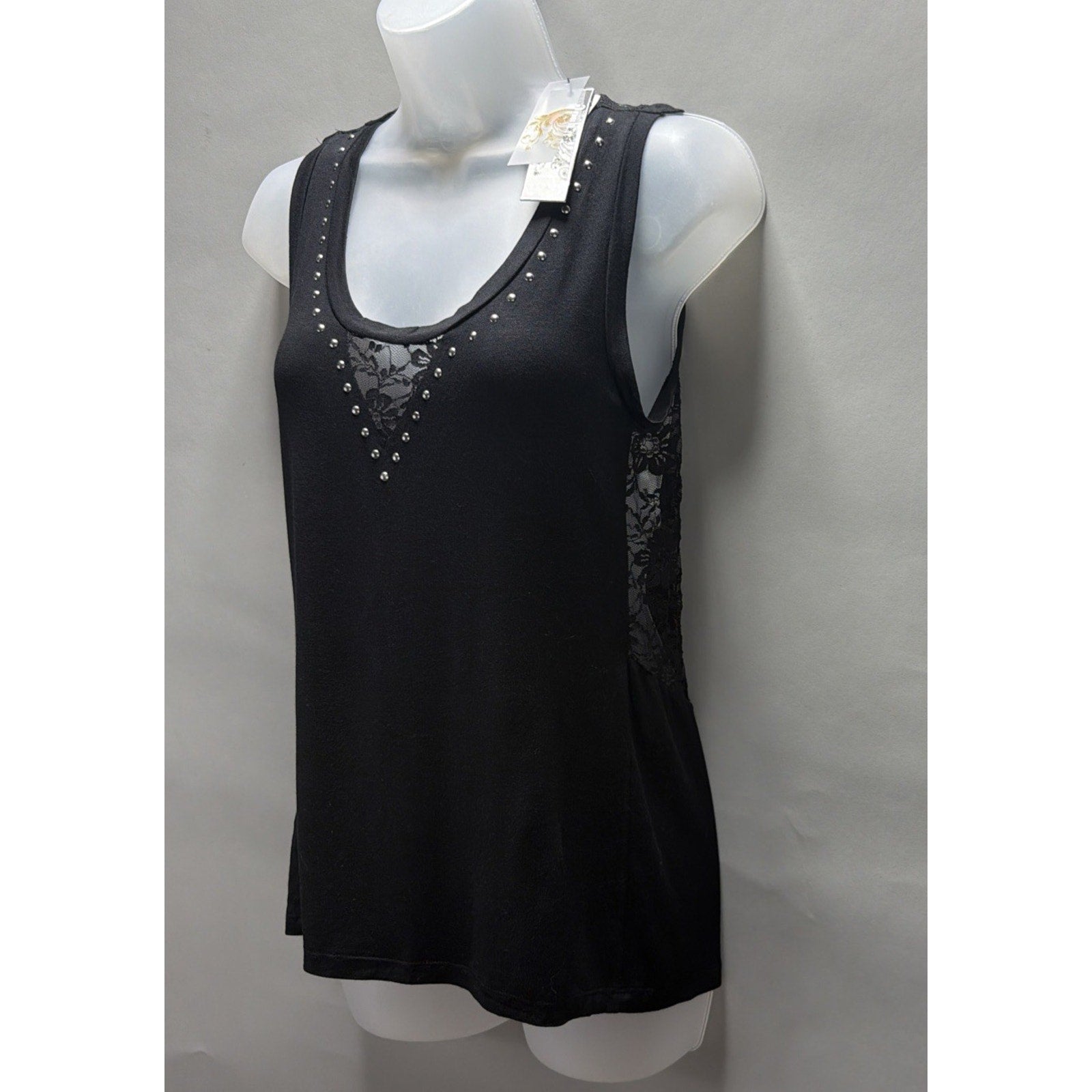 NWT Gold N Glam Black Studded Lace Tank Top Womens Small