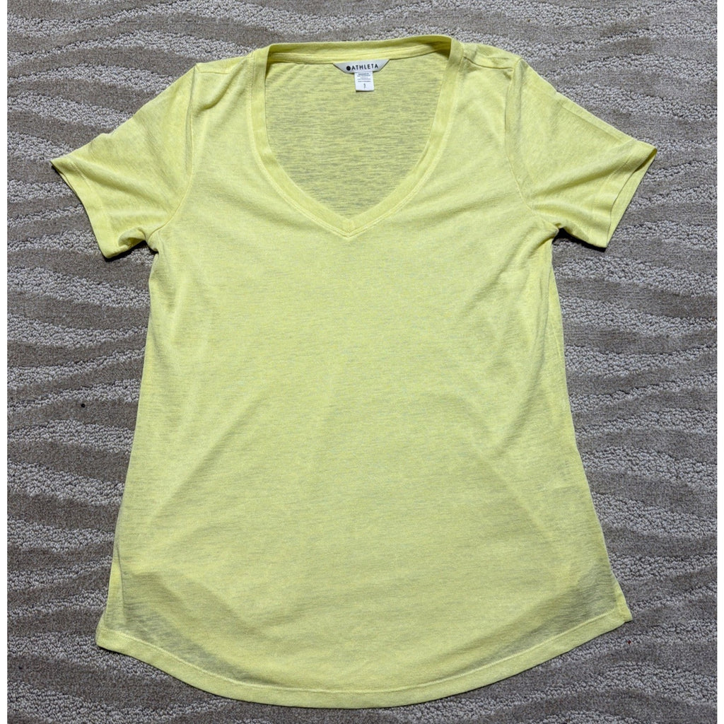 Athleta Breezy Scoop V-Neck Tee T-Shirt S Yellow Soft Short Sleeve Long NWOT