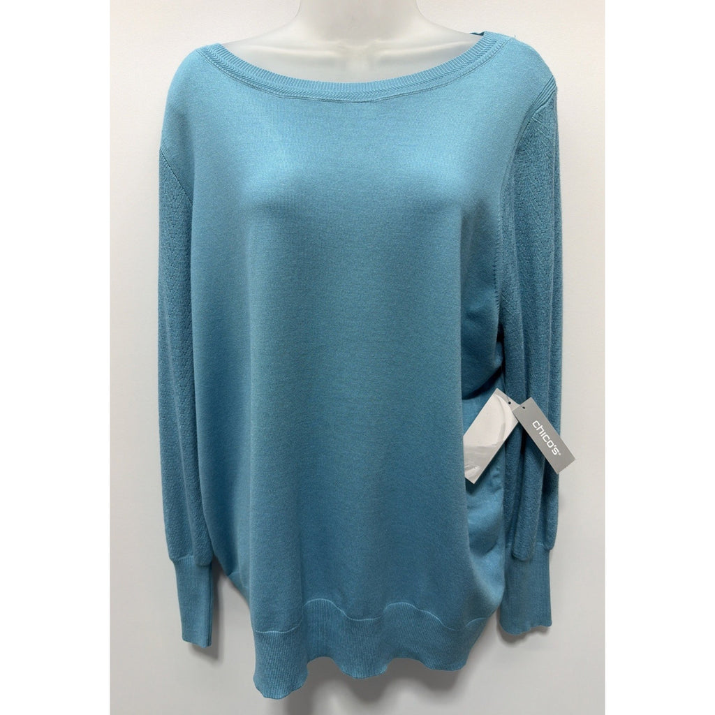 Chicos 3 XL Womens First Frost Blue Stitch Sleeve Detail Pullover Sweater New