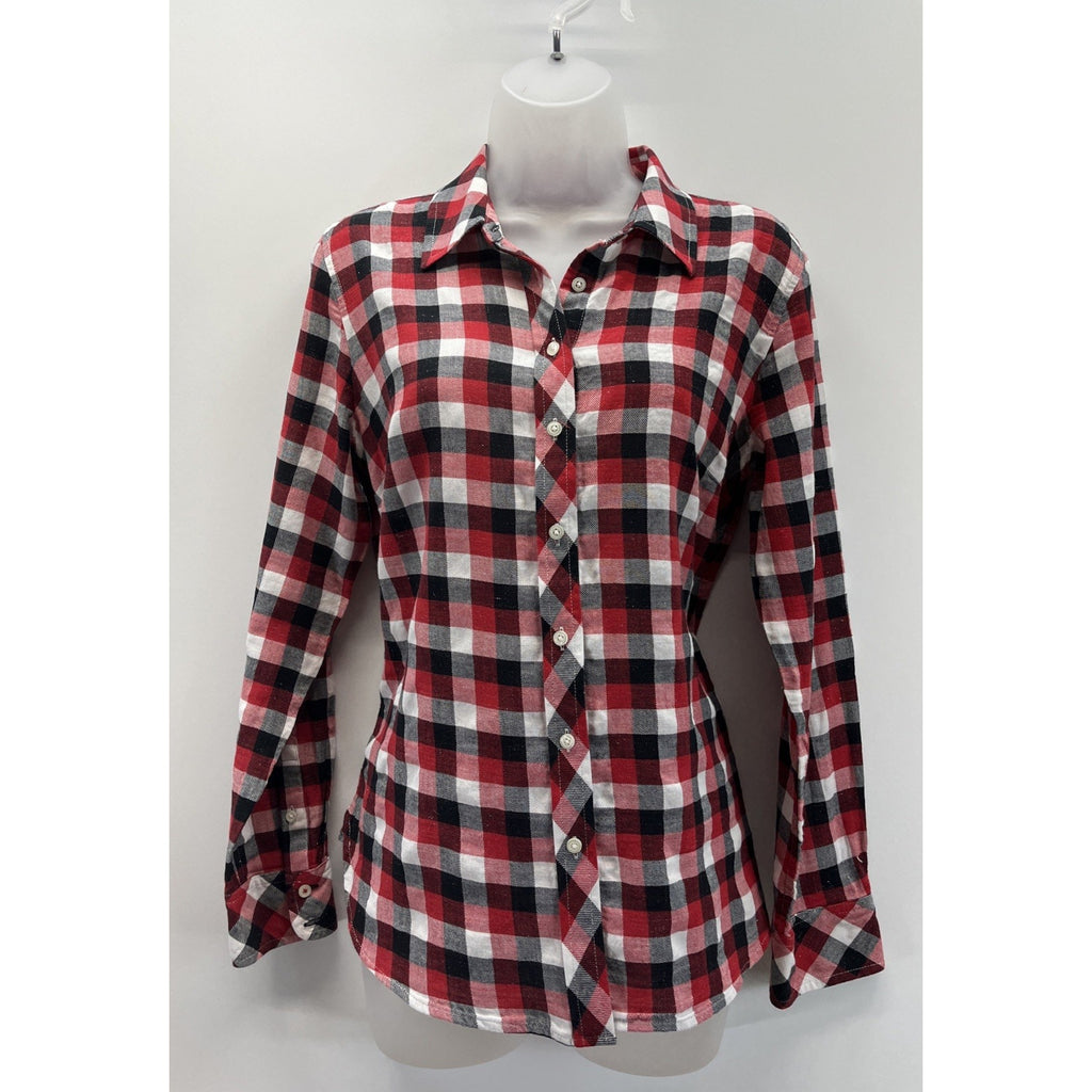 Talbots Shirt Womens Sz S Long Sleeve Button Down Red White Silver Metallic