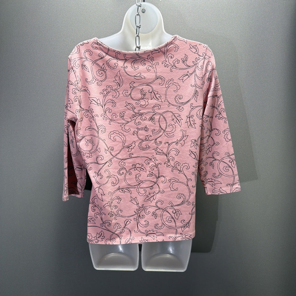 Chico's Womens Large 3/4 Sleeve Pink Paisley Damask Casual Top Stretch