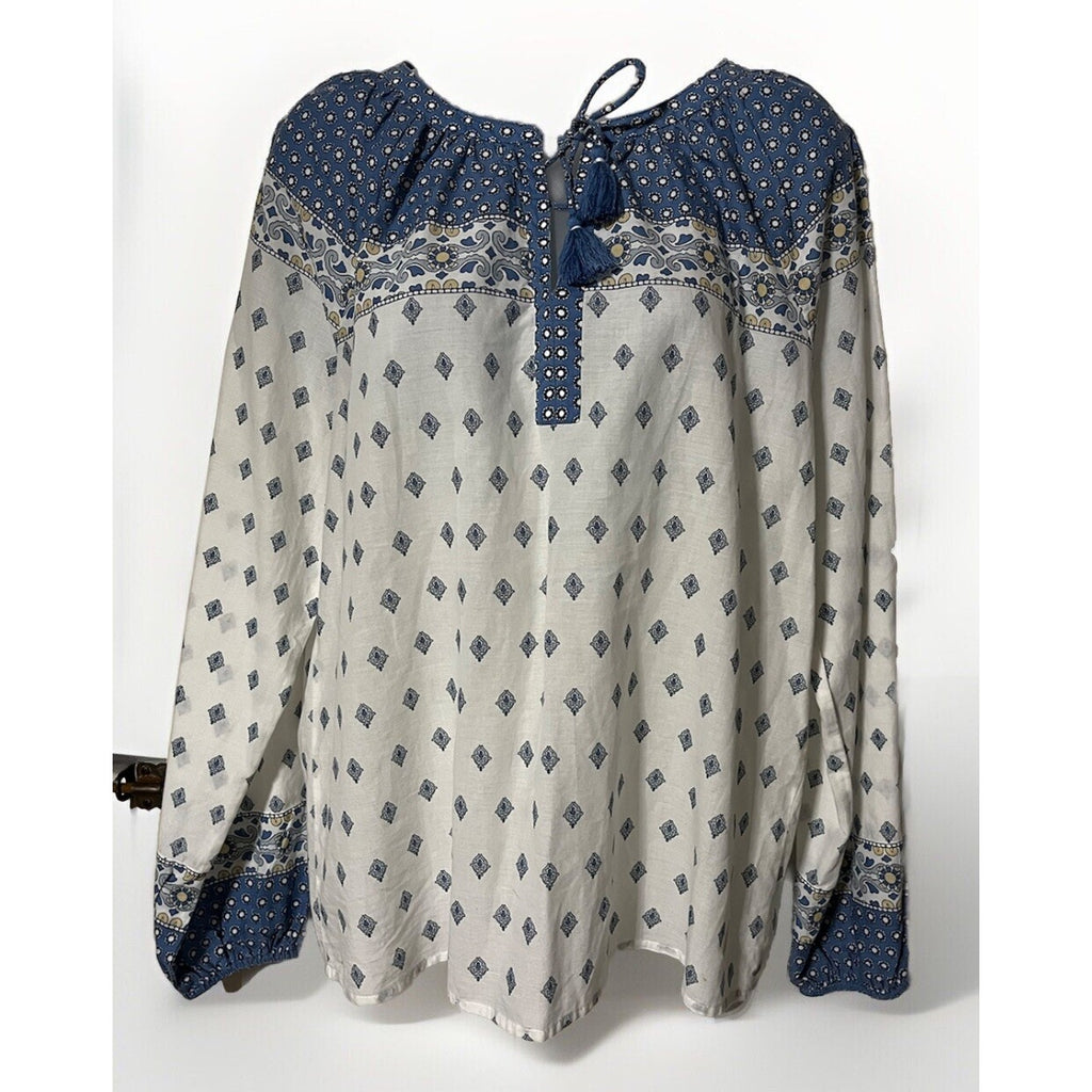 NAUTICA Women's Bright White Printed Split Tie-Neck Long-Sleeve Top Medium