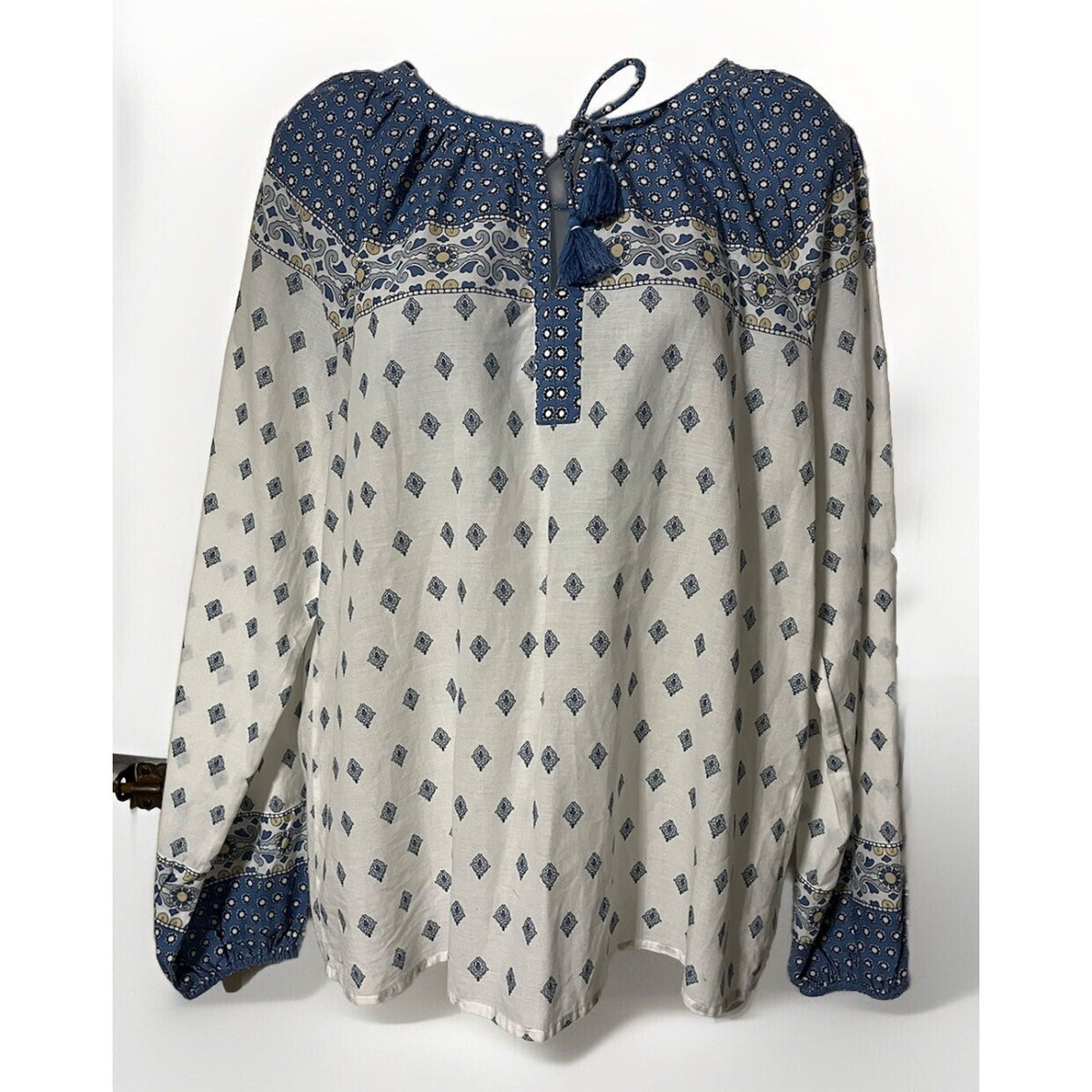 NAUTICA Women's Bright White Printed Split Tie-Neck Long-Sleeve Top Medium
