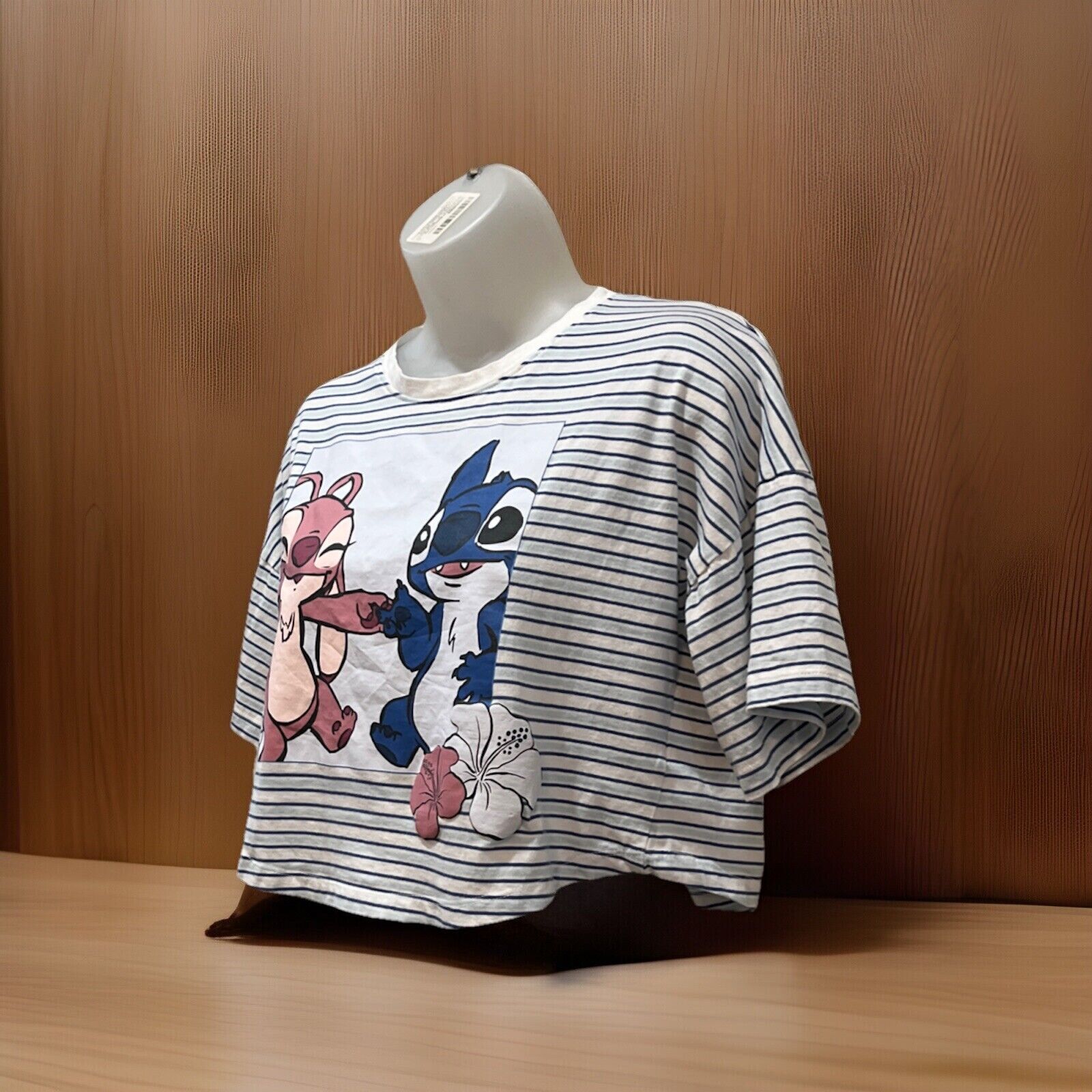 Disney's Lilo And Stitch Women’s Cropped White And Blue Striped T Shirt XXS