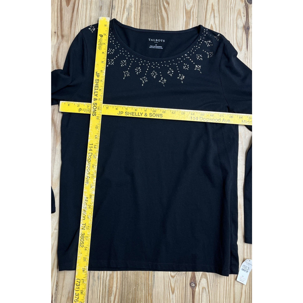 NWT Beautiful Women's M Talbots Black Sequined Design Long Sleeve Knit Top