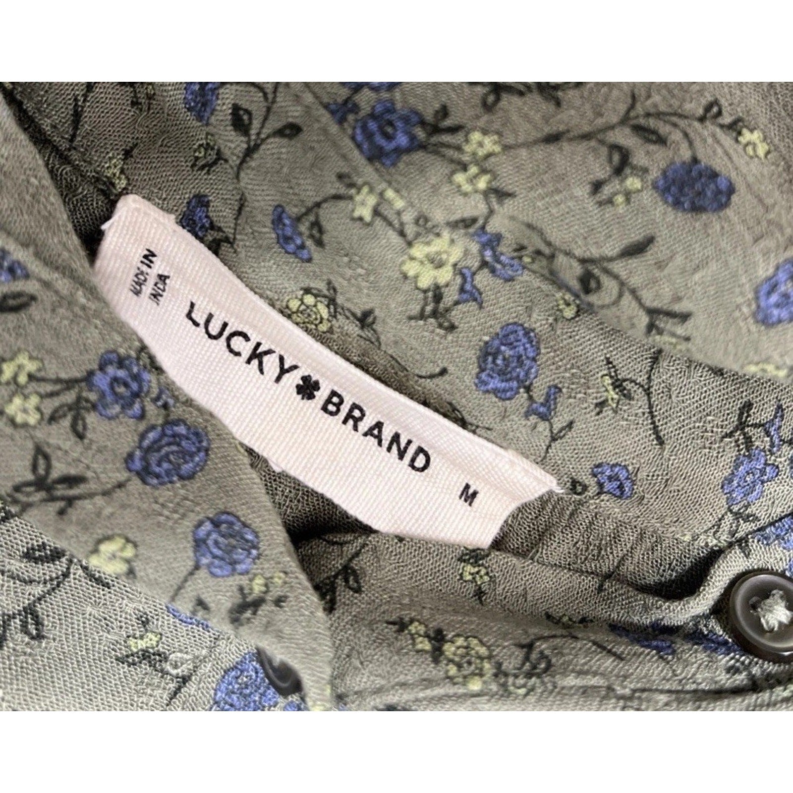 NWT Lucky Brand Blouse - Floral Print Boho Flowy Lace Trim Green Blouse -Size M