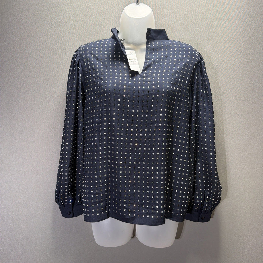 Ann Taylor Blouse Womens Small Blue Long Sleeve Rhinestone Sequin Top Shirt NWT