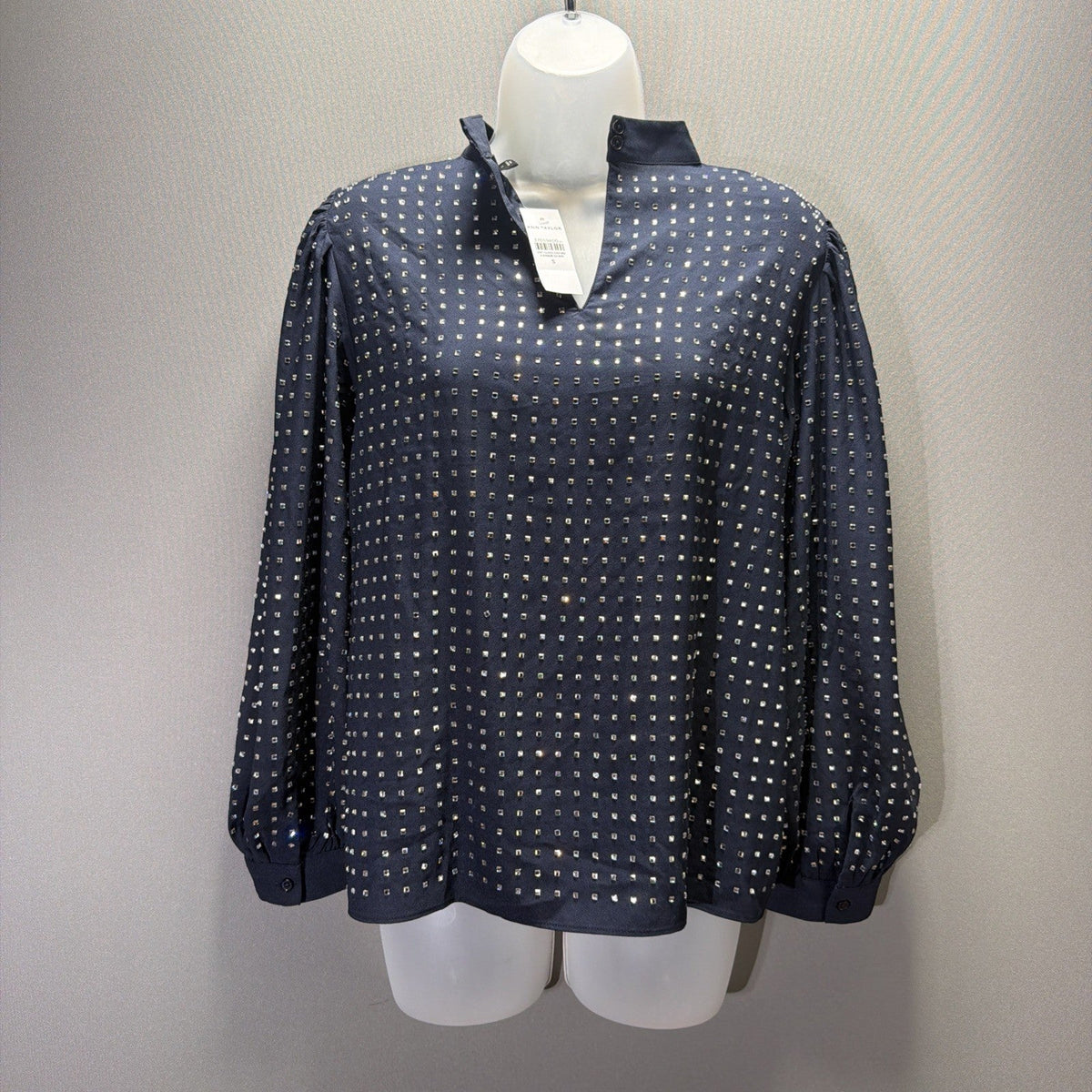 Ann Taylor Blouse Womens Small Blue Long Sleeve Rhinestone Sequin Top Shirt NWT