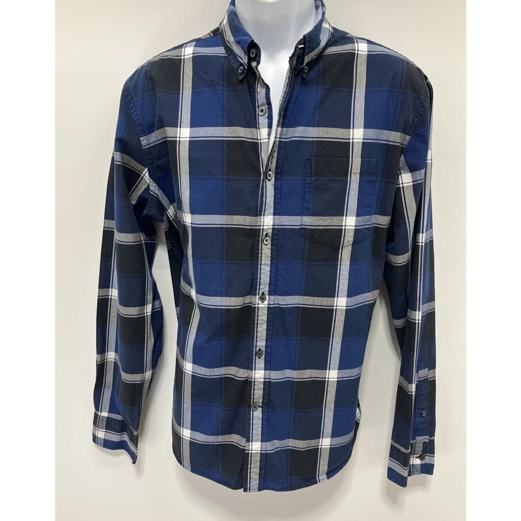 MENS AMERICAN EAGLE BLUE BLACK BUTTON UP SHIRT PREP FIT LONG SLEEVE AE SIZE L