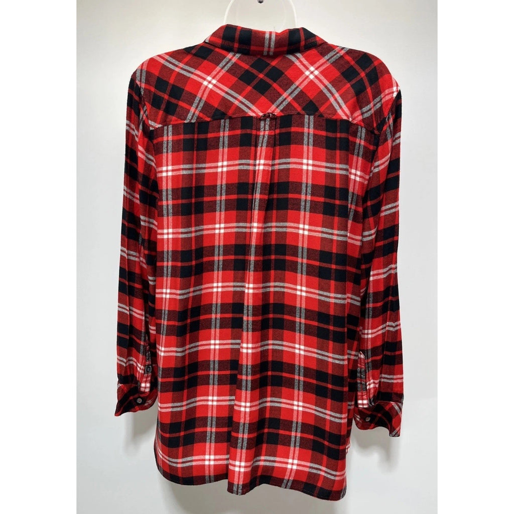 TALBOTS Red Black Plaid Half Button Popover Tunic Shirt Size XL