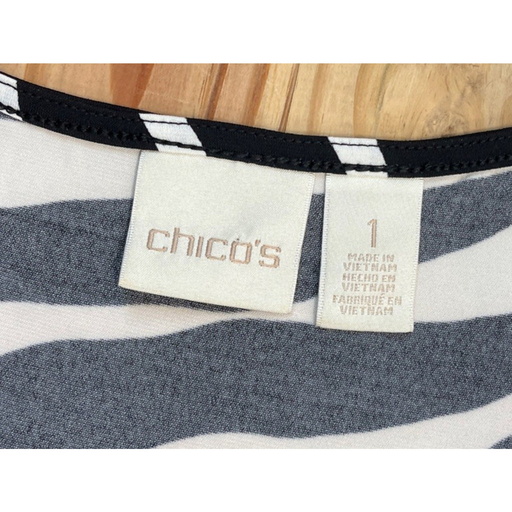 Chicos Dress Women's 1 M Black White Zebra Print Maxi Cold Shoulder Casual