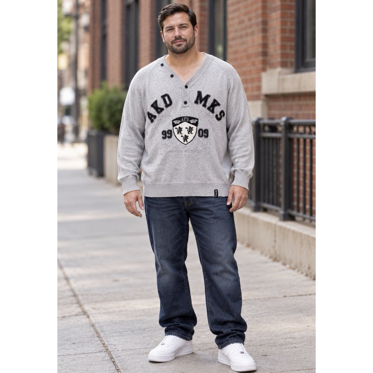 Akademiks AKDMKS Sweater Mens 2XL Gray Henley Embroidered Crest Y2K Hip Hop