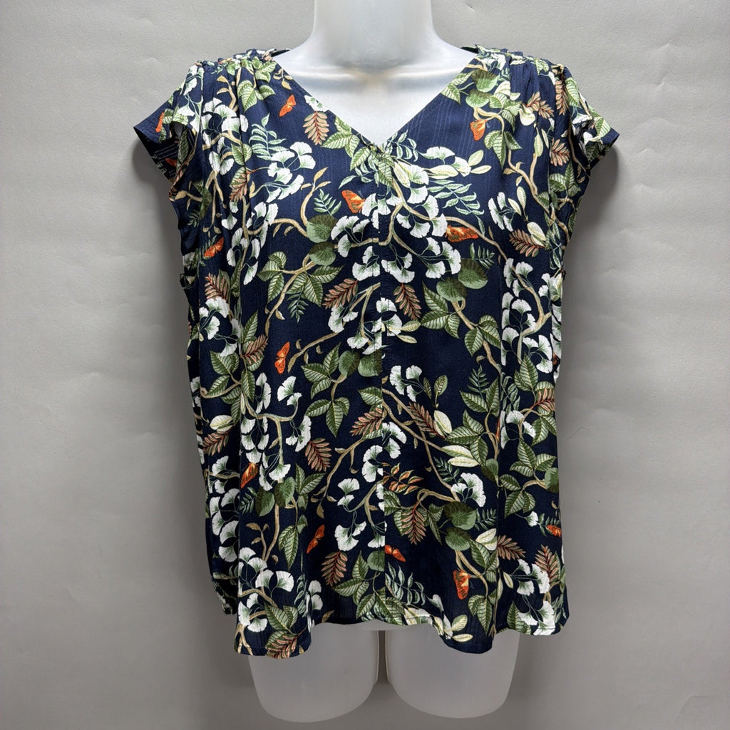 Women's Ann Taylor LOFT Floral Butterfly Lined Navy Blue Cap Sleeve Top SP