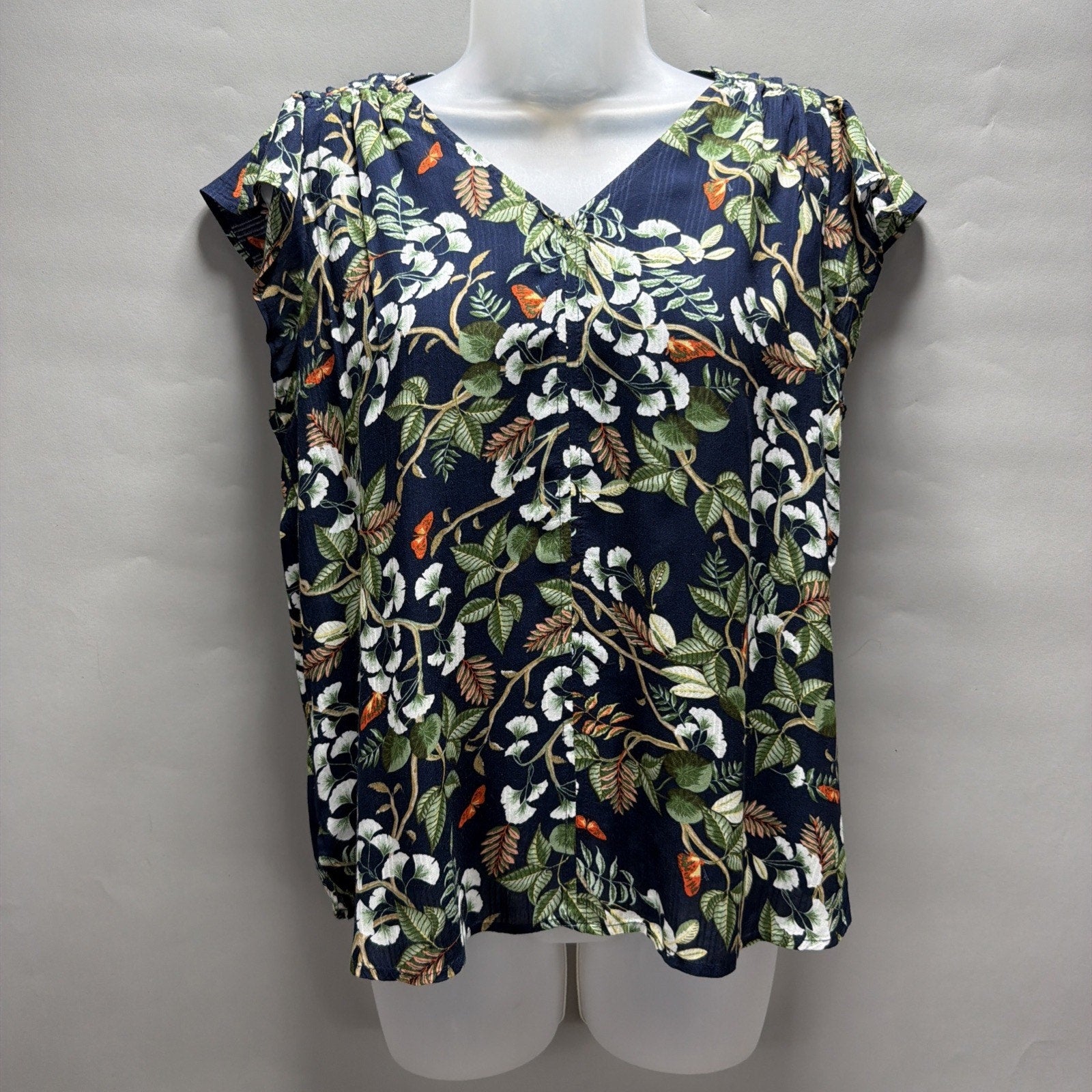 Women's Ann Taylor LOFT Floral Butterfly Lined Navy Blue Cap Sleeve Top SP