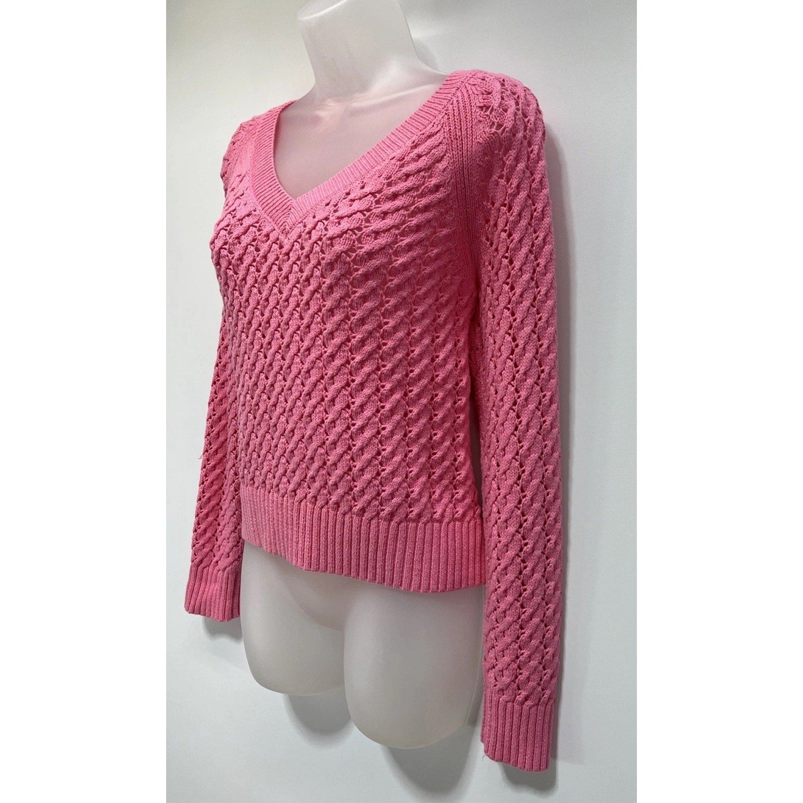 Talbots Sweater Womens M Petite 100% Cotton Open Knit Pullover Pink V Neck