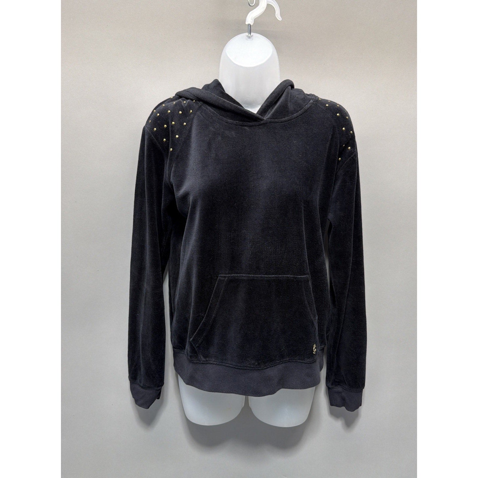 Juicy Couture Velvet Velour Pull Over Hoodie Black Sz Small Studded Y2K