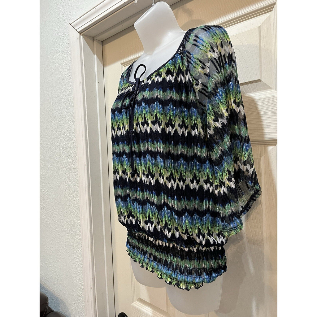New Directions Zig Zag Print Top Small Women's Blouse Tunic Blue Green Beige 3/4