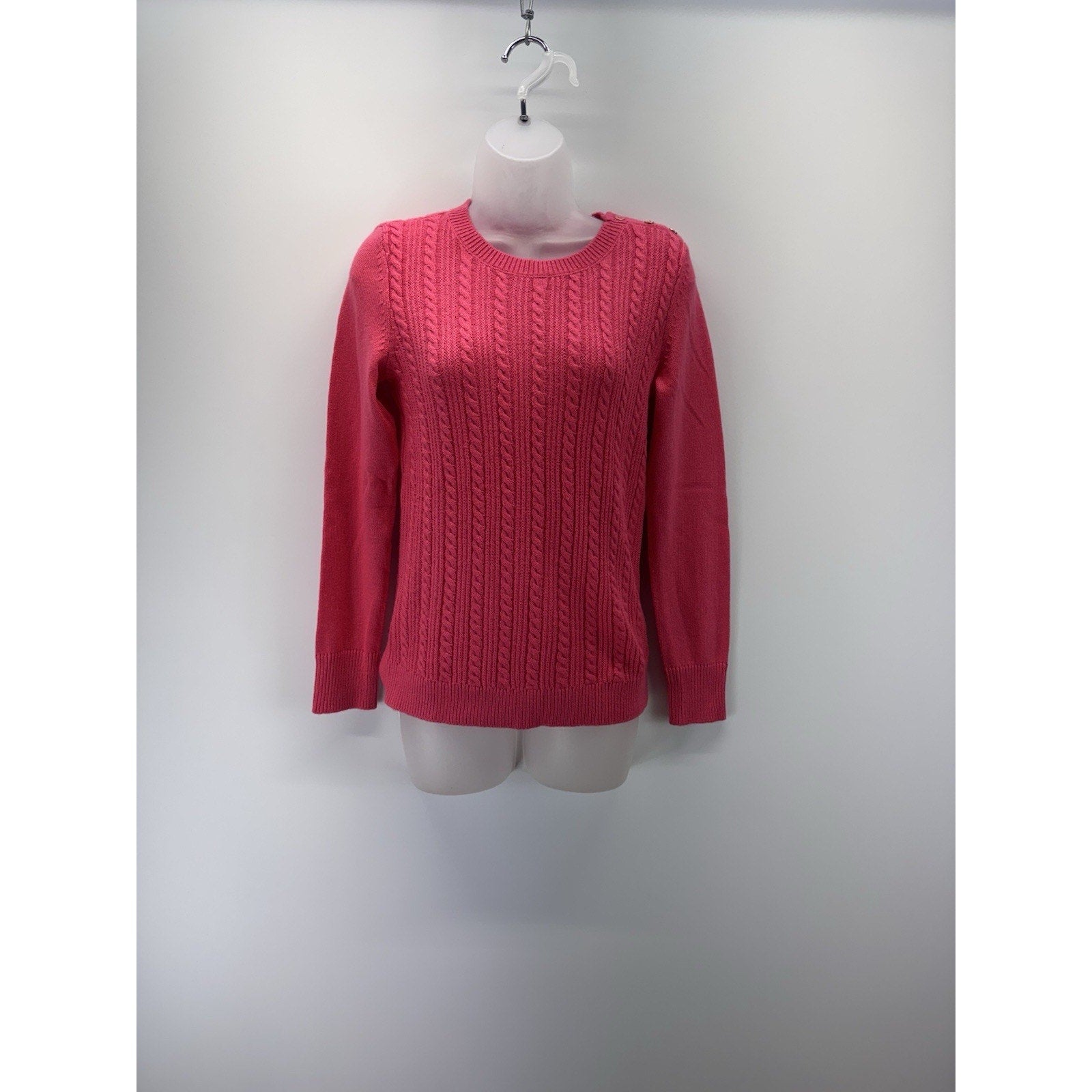 Talbots Sweater Pink Pullover Cable Knit Long Sleeve Button Shoulder Women’s S