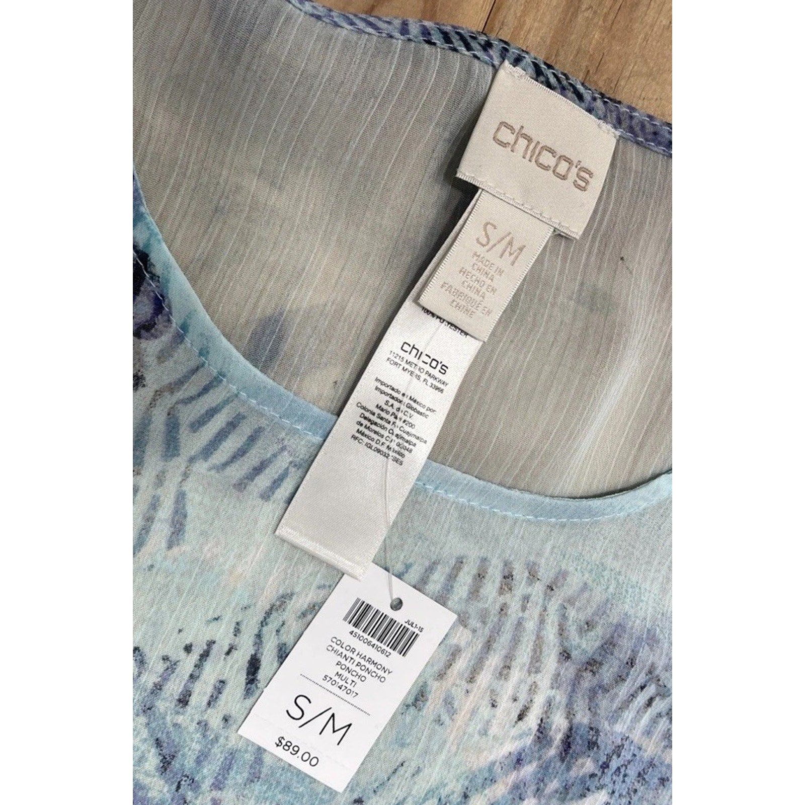 Chico’s Harmony Poncho Multicolor Abstract Print Semi Sheer NWT S/M