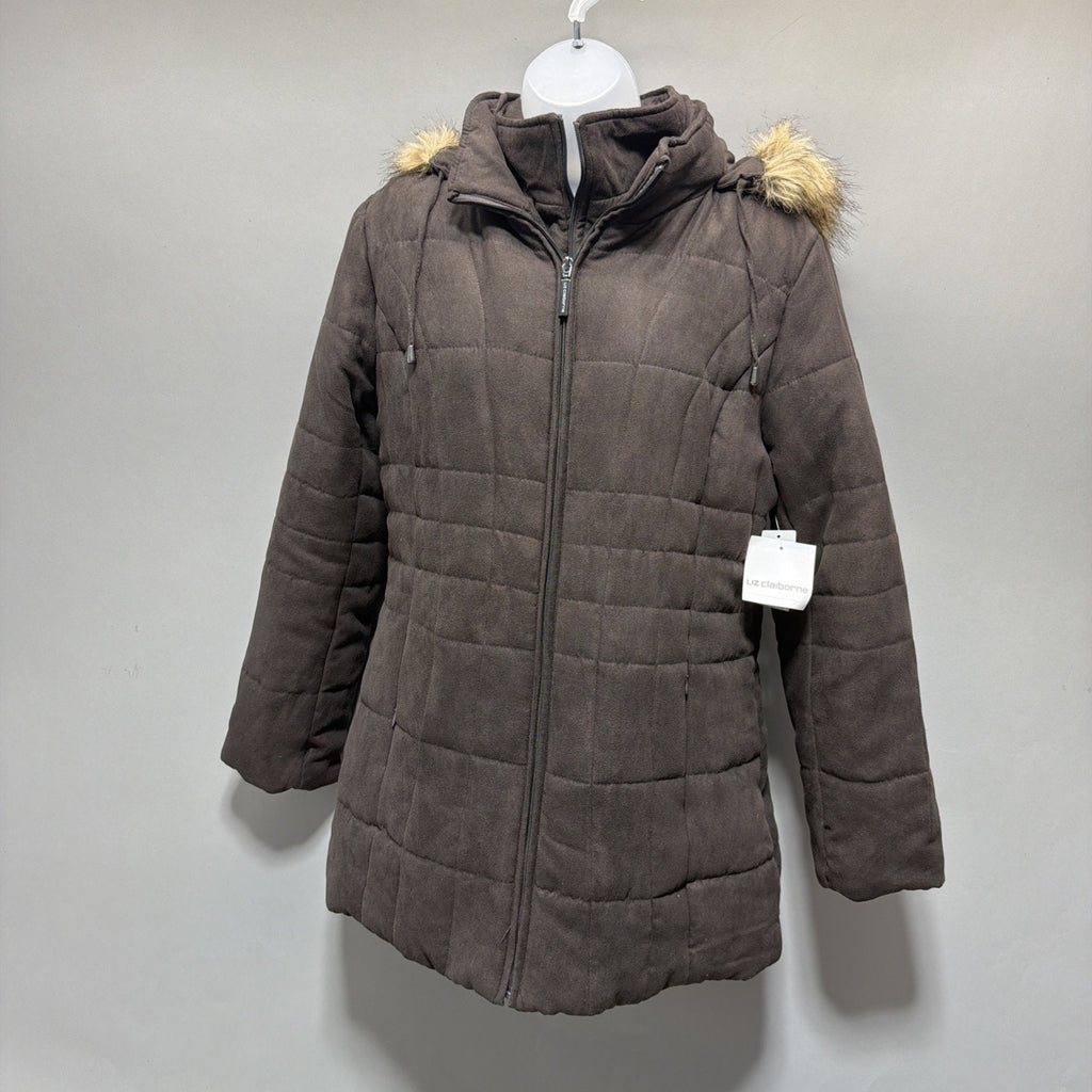 Women's L Liz Claiborne Puffer Jacket Coat Faux Fur Trim Hood Quilted Parka