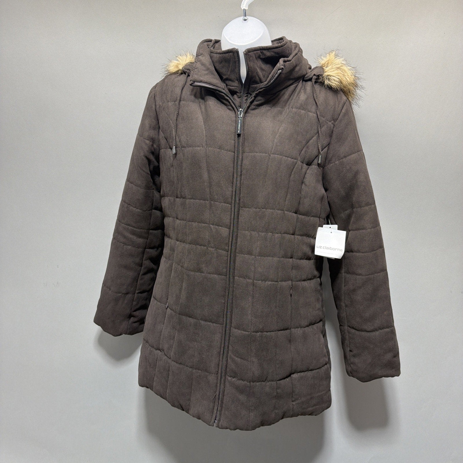 Women's L Liz Claiborne Puffer Jacket Coat Faux Fur Trim Hood Quilted Parka