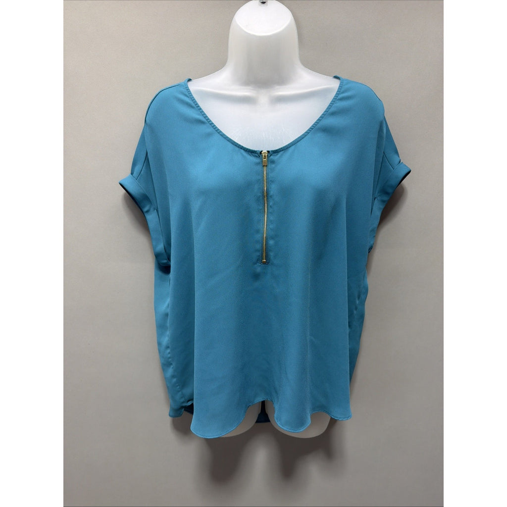 Bold Elements Cut To Curve Women’s Blue Shiffon Short Sleeve Shirt Gold Zip L