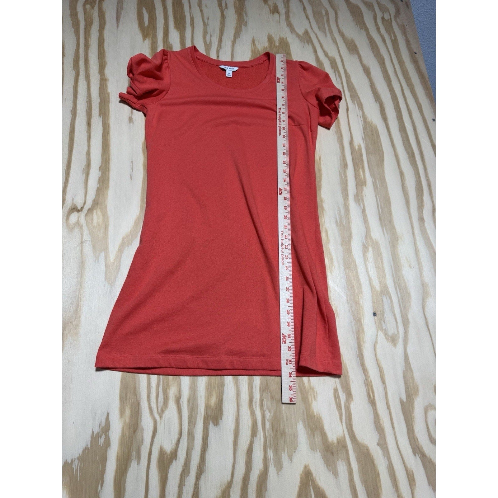 Nine West Dress Women M Coral Orange Puff Sleeve Shift Knit Casual Stretch New