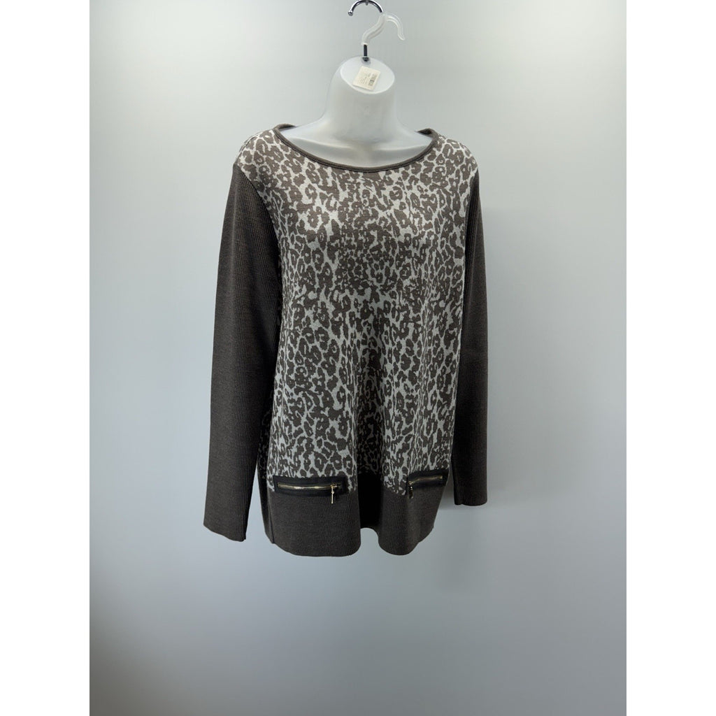 Chico's Womens Taupe Leopard Zip Pocket Long Sleeve Sweater Size 2/Large Comfort