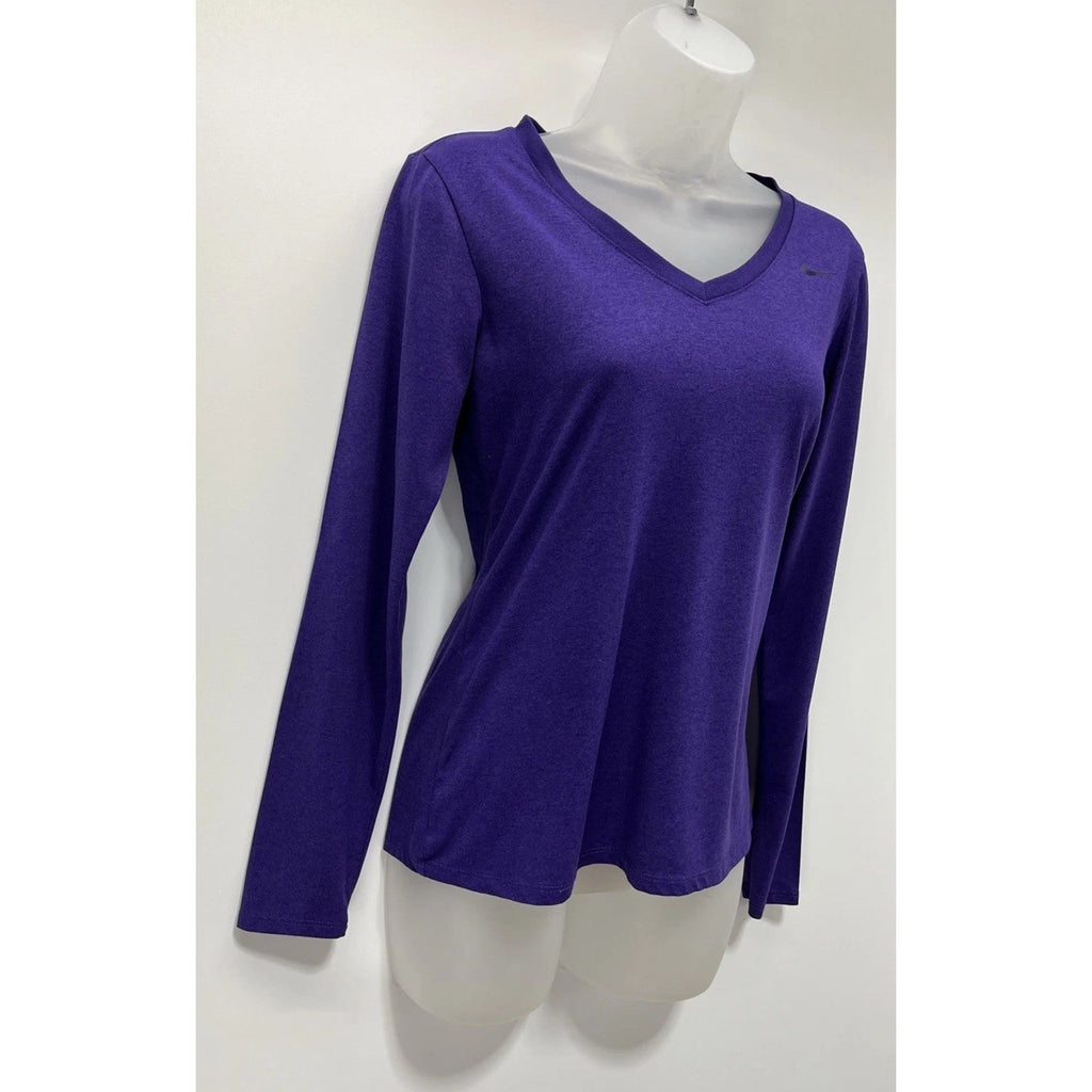 Nike Tee Dri Fit Long Sleeve Women's Small Purple V-Neck T-Shirt Athletic Cut
