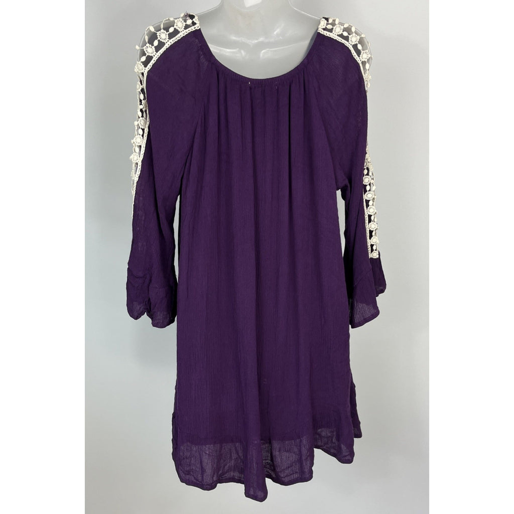 Indigo Soul Women’s Tunic Dress XL Purple Crochet Trim Ruffled Lined