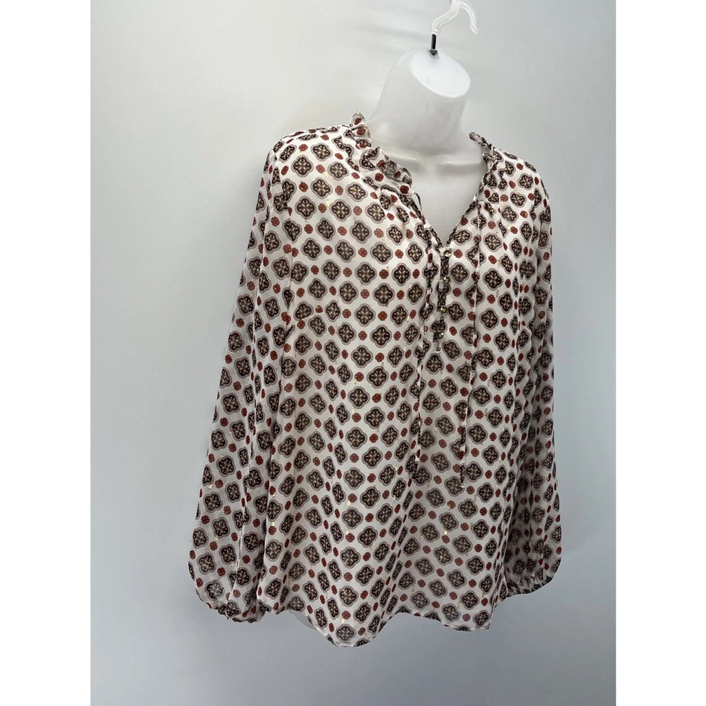 Talbots Damask Print Blouse Size L Floral 1/2 Lined Button Up Semi Sheer Boho