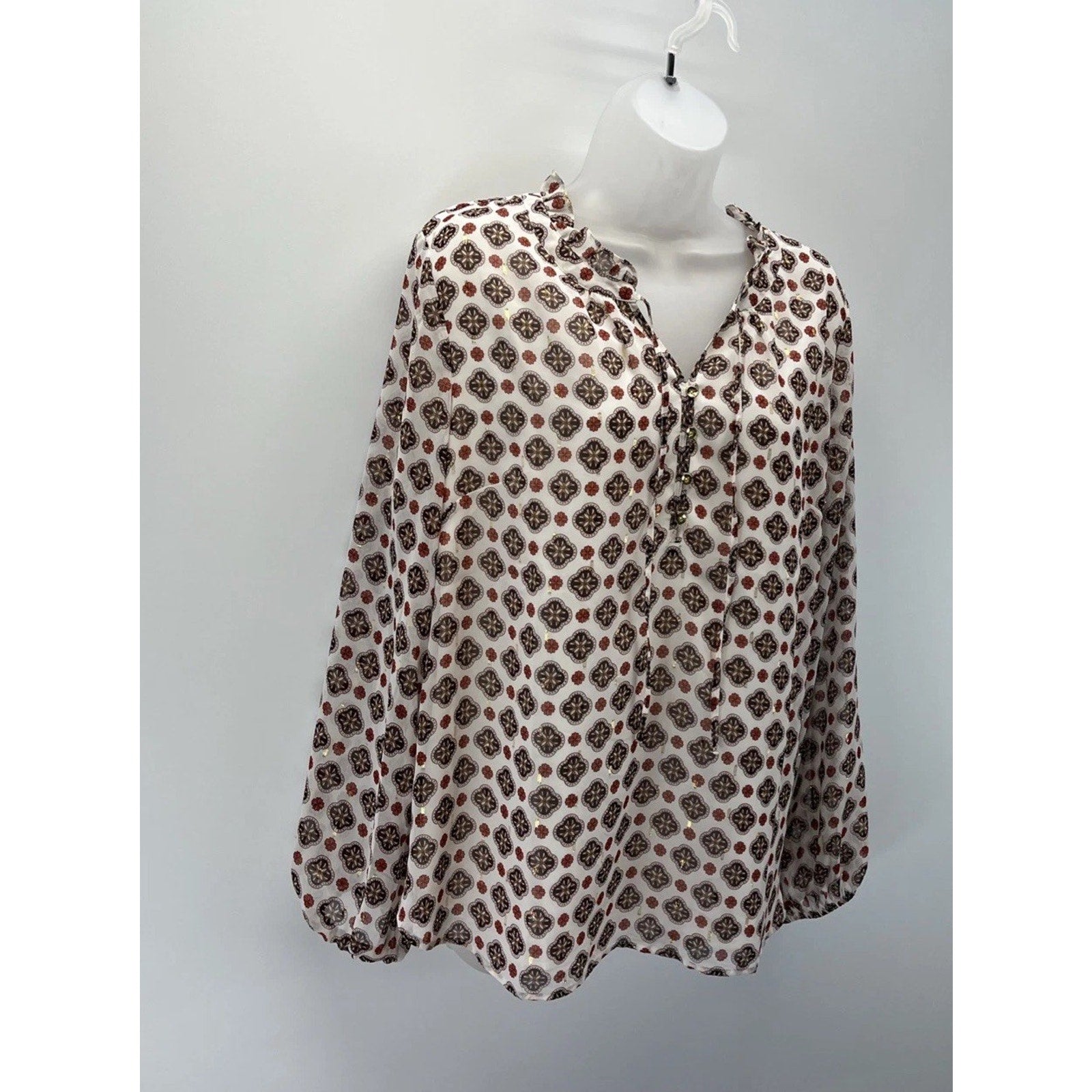 Talbots Damask Print Blouse Size L Floral 1/2 Lined Button Up Semi Sheer Boho