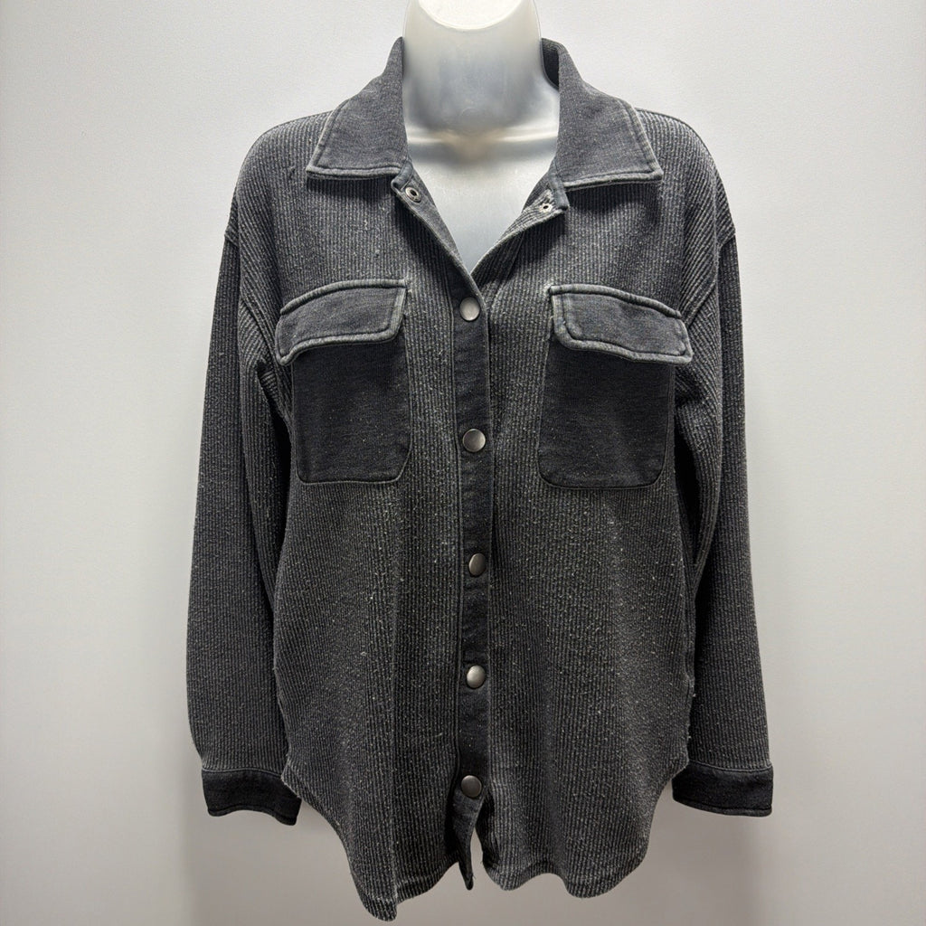 Thread and Supply Vintage Black Button-Up Terry Shirt Shacket XS Pockets
