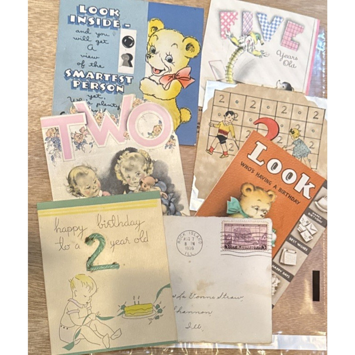 Lot of 6 Vintage Children's Birthday Cards, 1930’s, Animals Children, Used