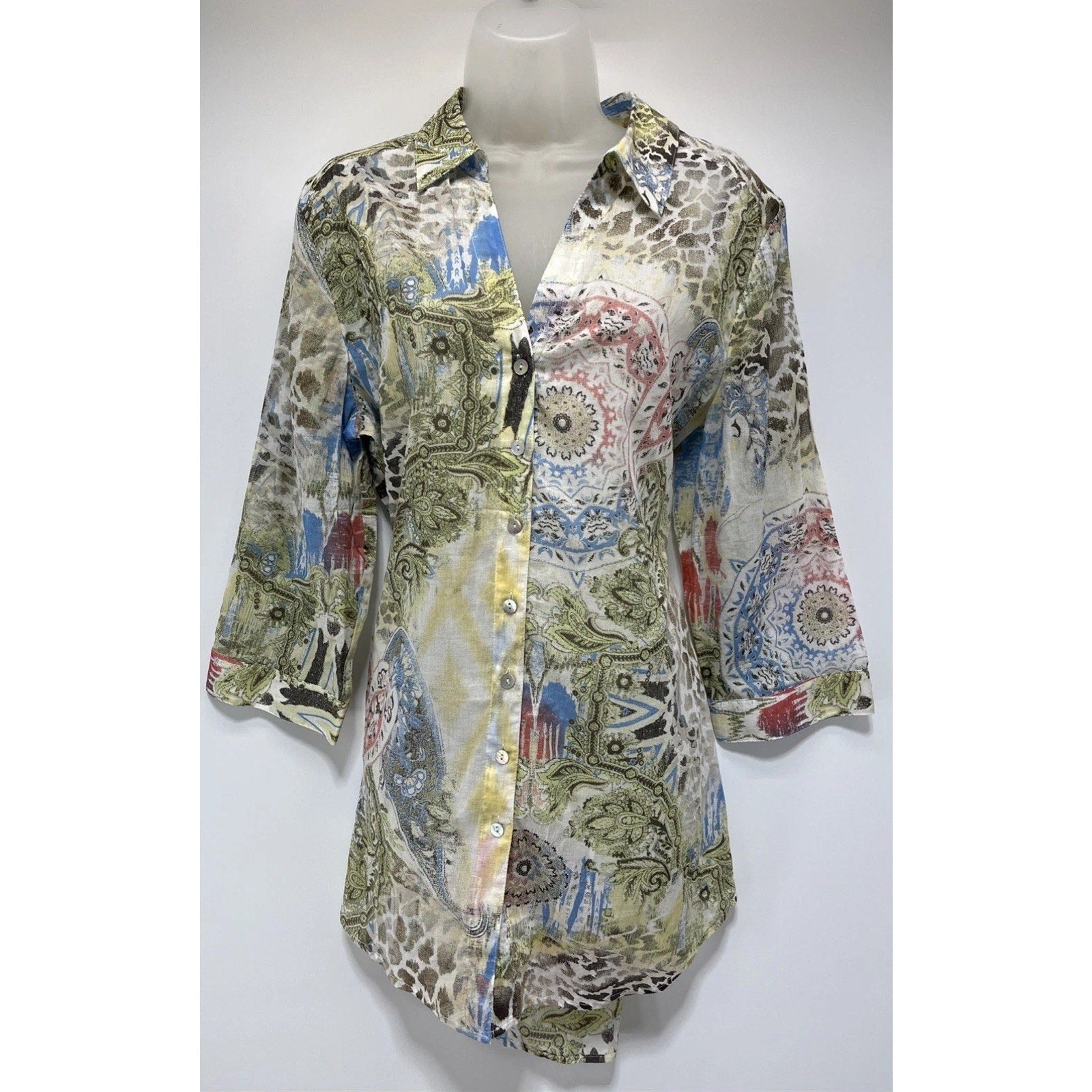 Chico's Womens Blouse Button Front Multicolor 100% Cotton Lightweight 2 L