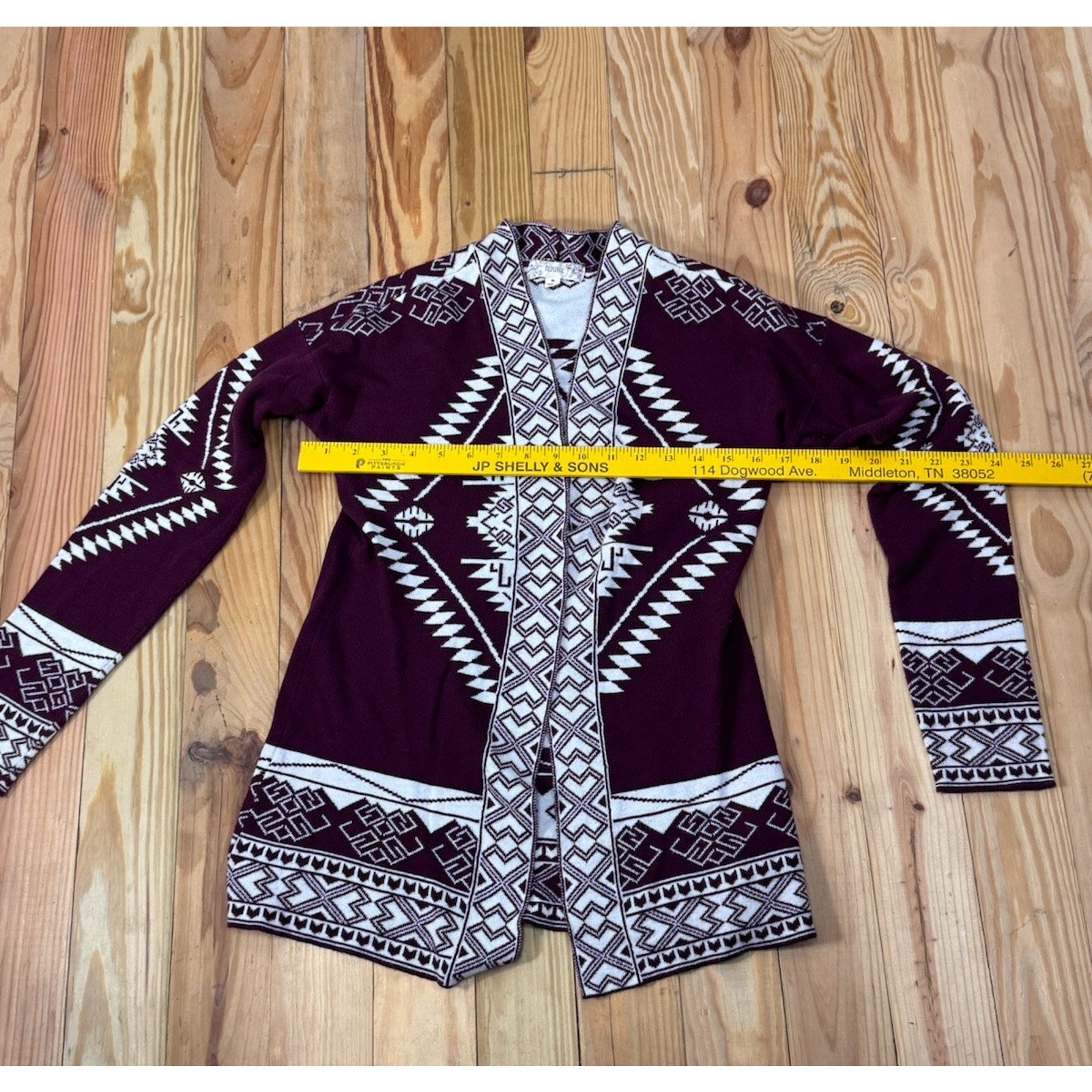 Pink Republic Long Sleeve Open Cardigan Sweater Burgundy Aztec Design Small