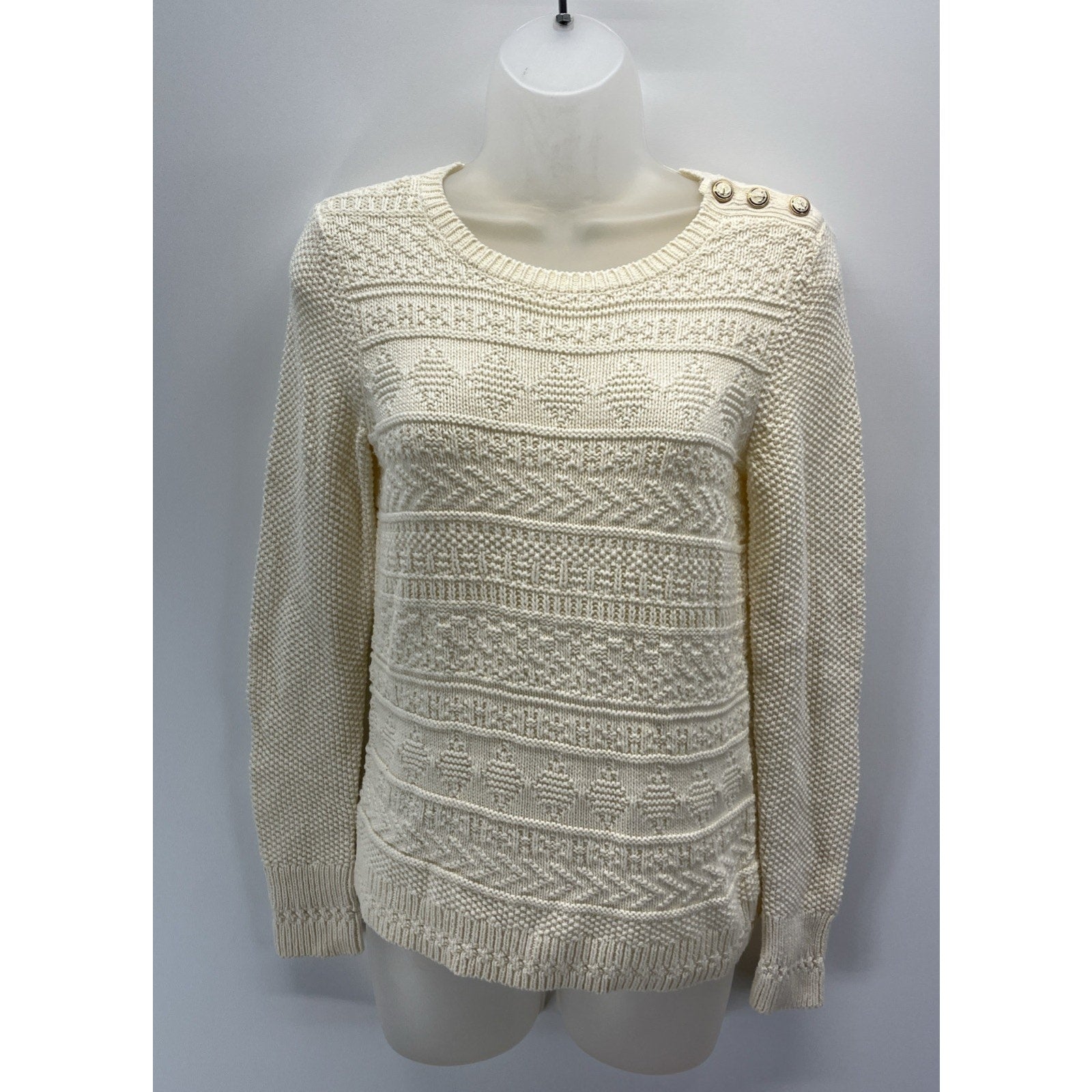 Talbots Womens Cream Textured Nautical Sweater Size XS Anchor Shoulder Buttons