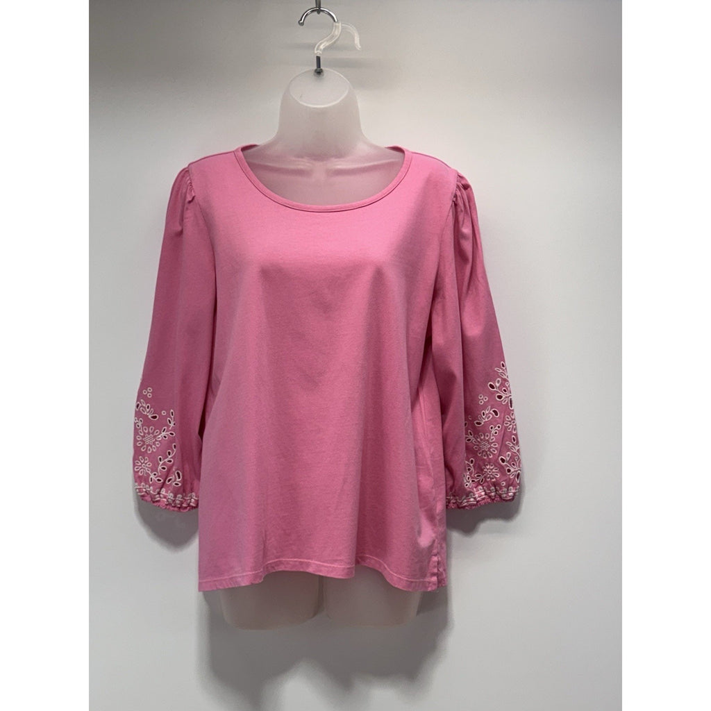 Talbots Cotton Puff Sleeve Pink Long-sleeved Blouse White Lace Cutout Size XLP