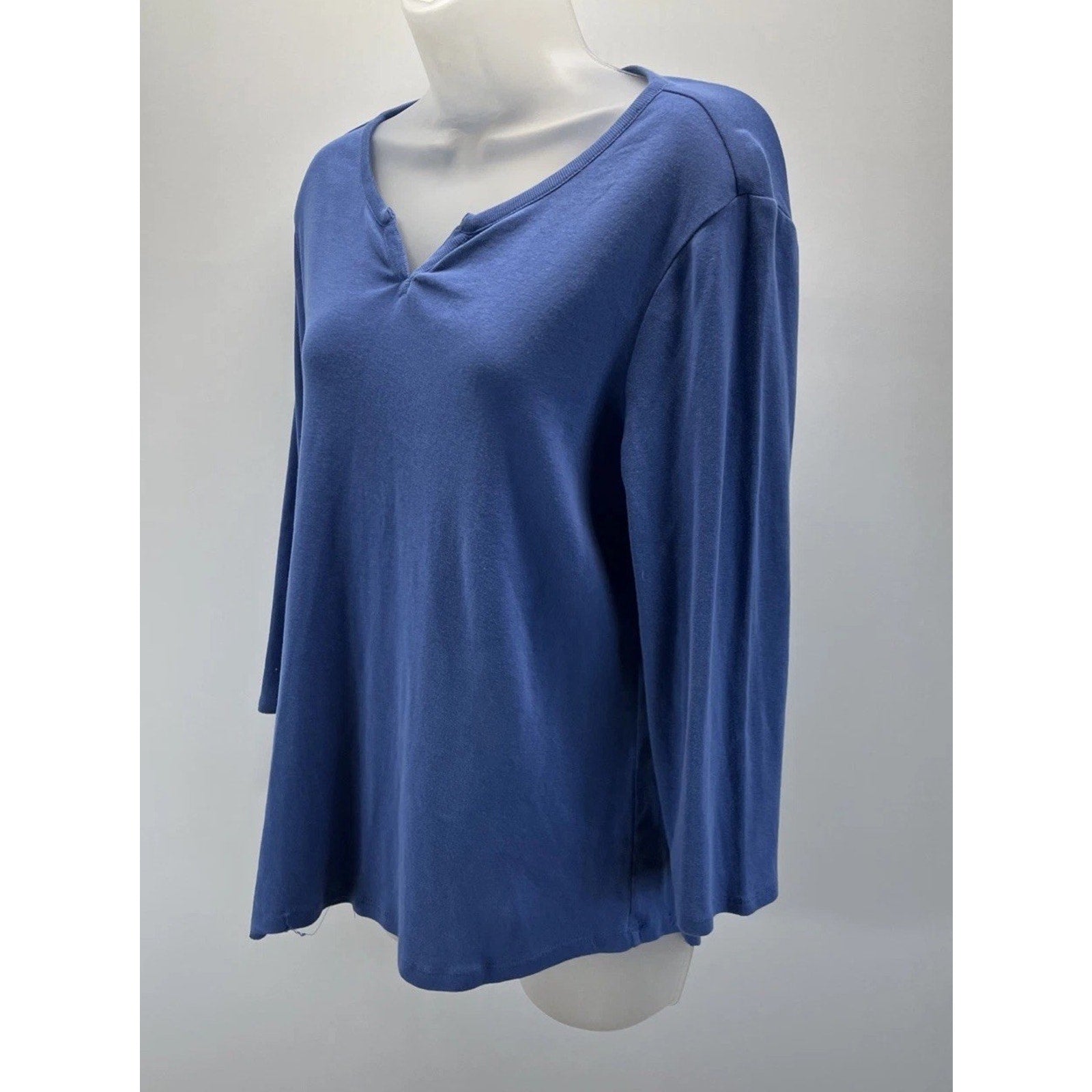Chicos Women's 1 Small Pullover V-Neck Shirt Tunic 3/4 Sleeve Linen Blue