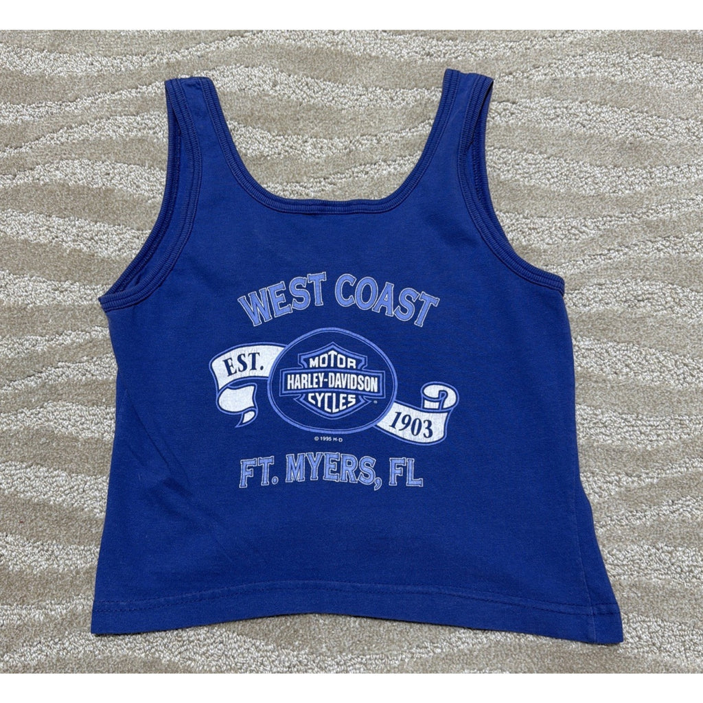 Vintage 1996 Harley Davidson Tank Top Blue Womens M Sun Stars Moon Fort Myers FL