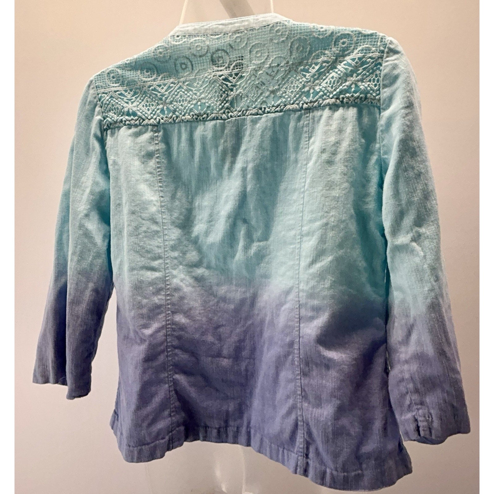 Chicos Womens Shrug Blue Purple Ombre Embellished Crochet Open Front Top 0 S