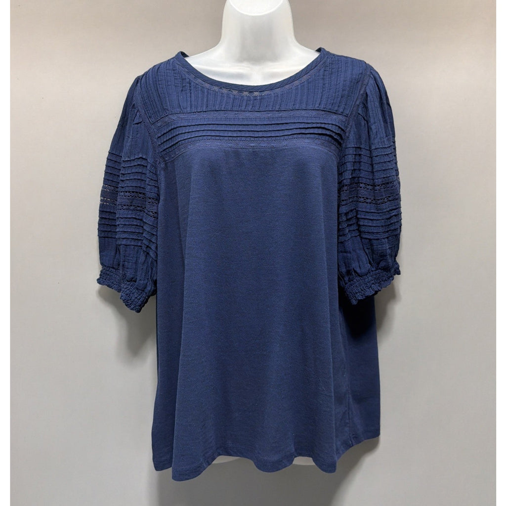 Loft Lace Trim Crotchet Sleeve Cotton blouse Navy Blue XL