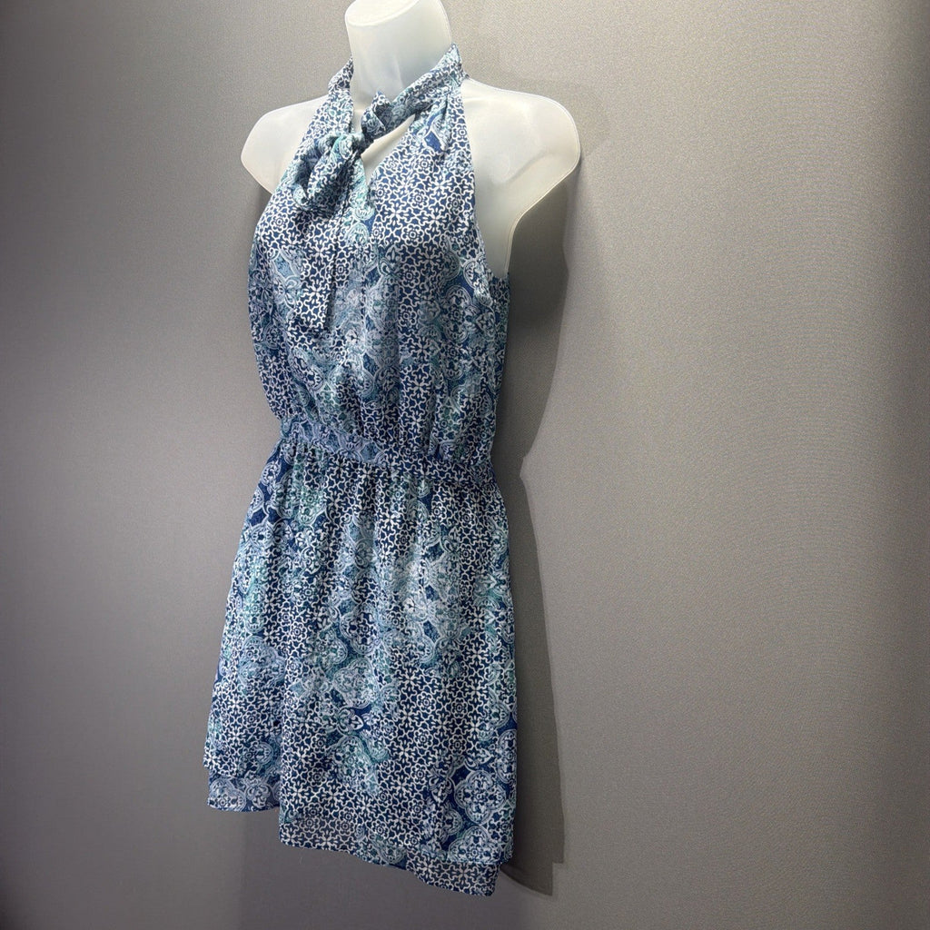 Banana Republic Petite Blue White Sleeveless Blouson Dress Neck Tie 00P