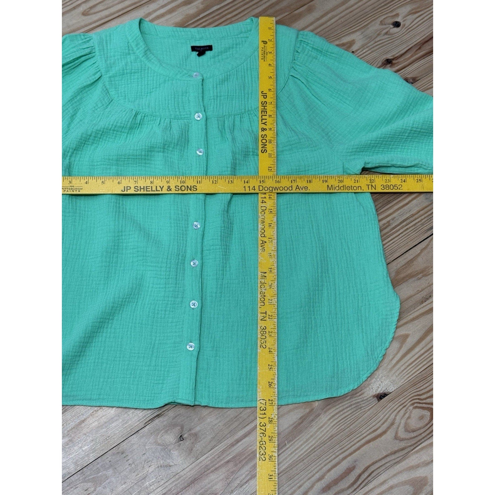 Talbots Green Textured Gauzy Button Up Tie Sleeve Everyday Top Women’s Size L
