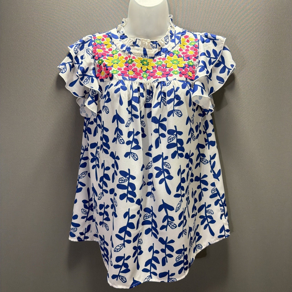 JodiFL Floral Embroidered Ruffle Sleeve Blouse Top Sz Medium