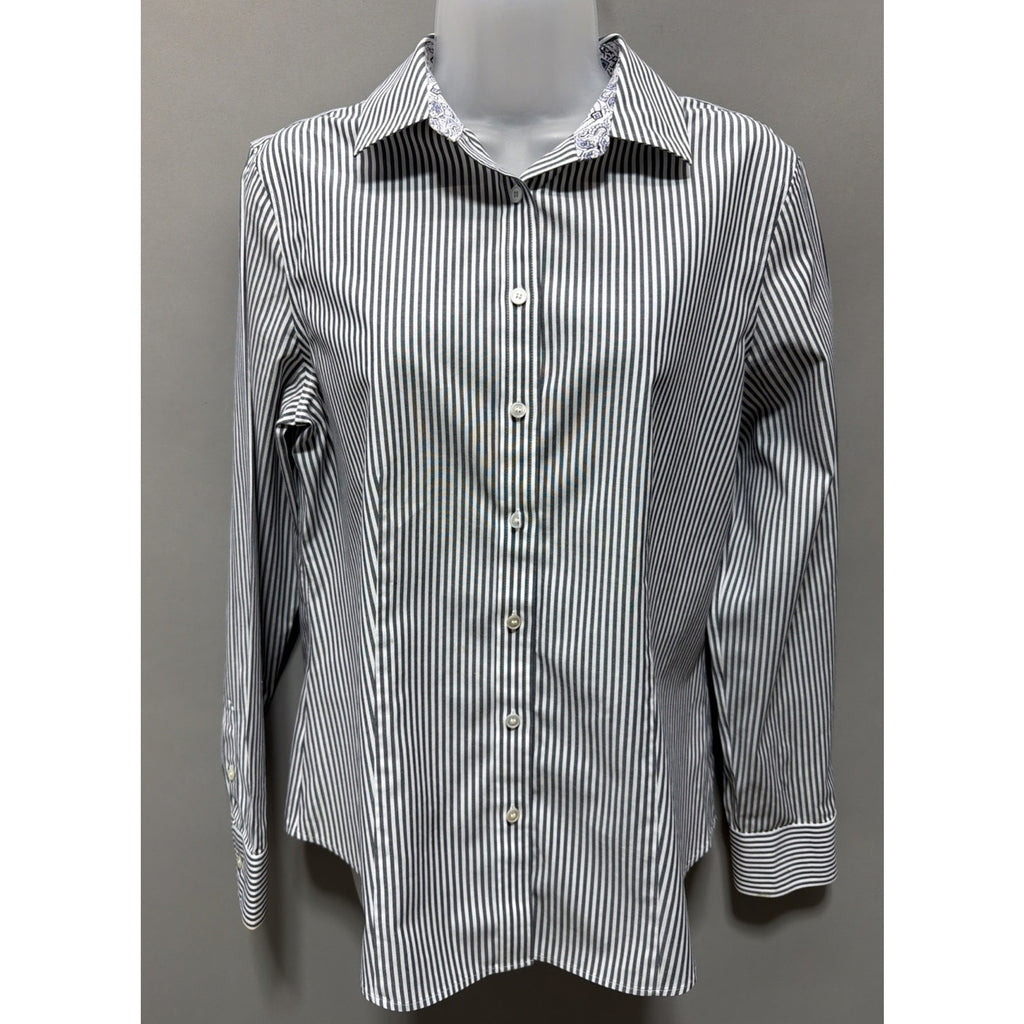 Talbots Wrinkle Resistant Striped Gray White Button Up Shirt 8 Career Preppy