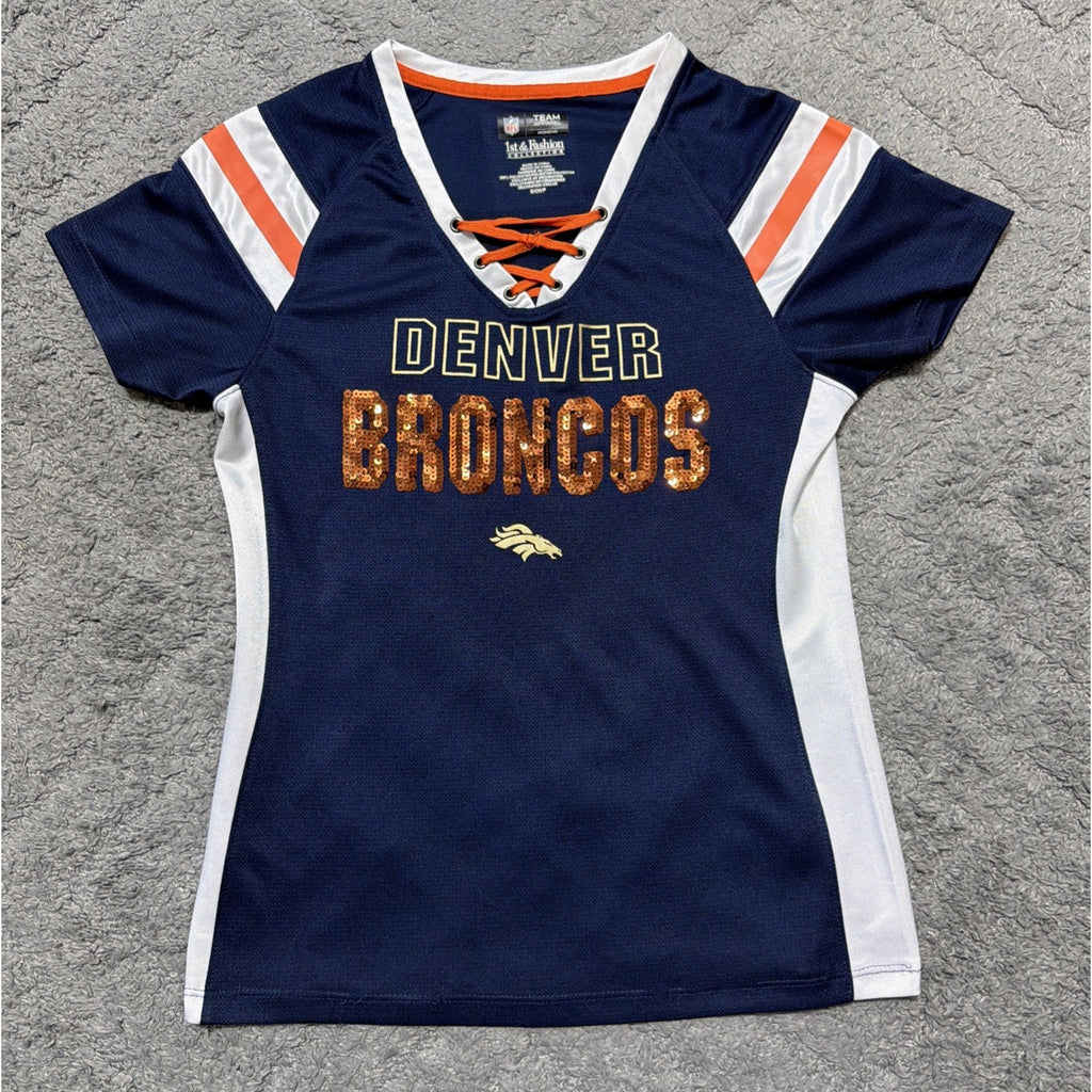 NFL Denver Broncos Women’s Sequin Jersey Shirt Small Blue Orange Lace Up Footbal