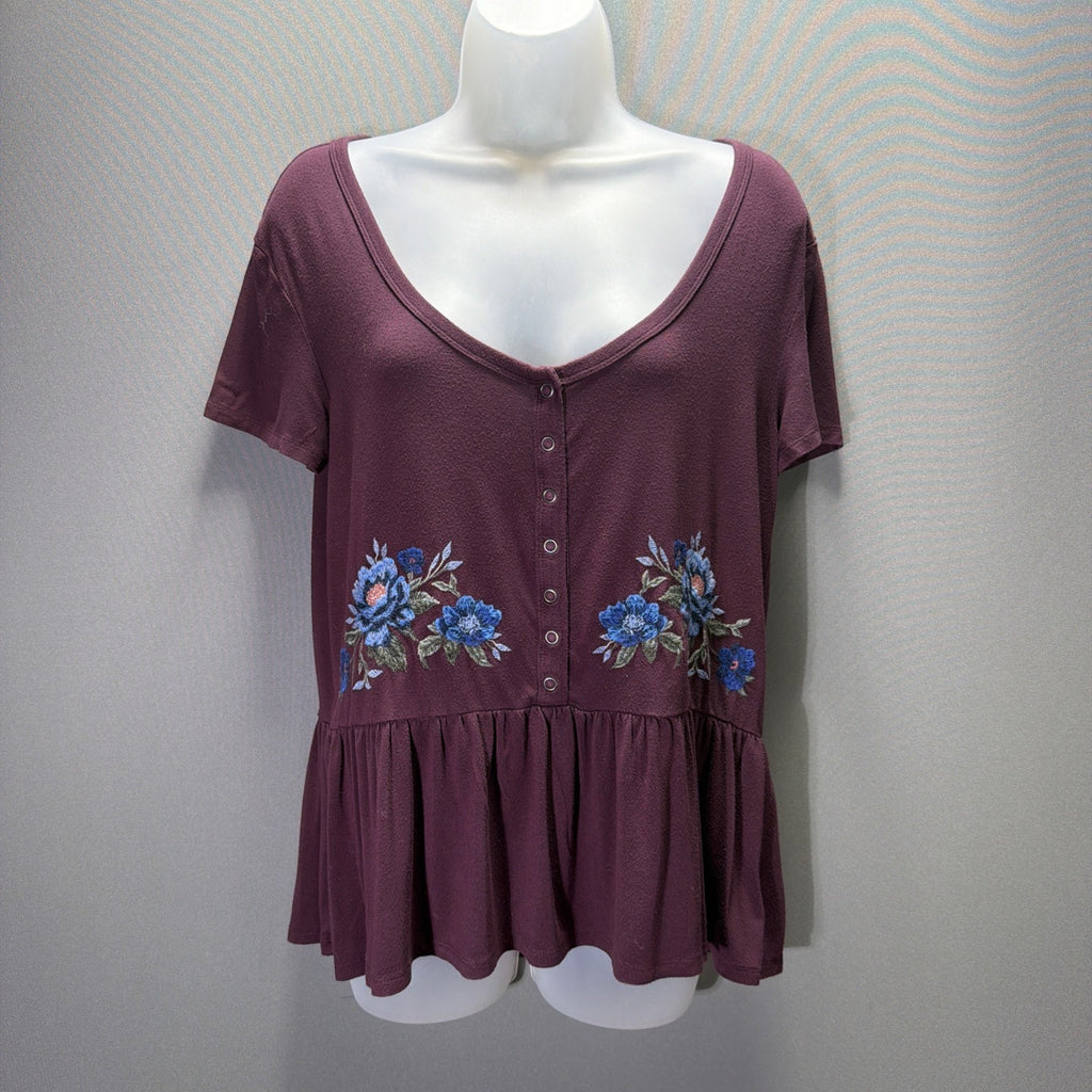 American Eagle Soft Sexy S Emroidered Shirt Short Sleeve Burgandy Boho Gypsy Y2k