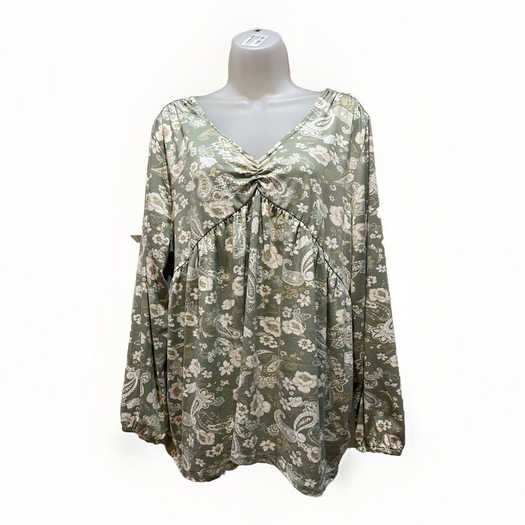 Absolutely Famous Women's XL Green Floral Print V-Neck Sleeve Blouse